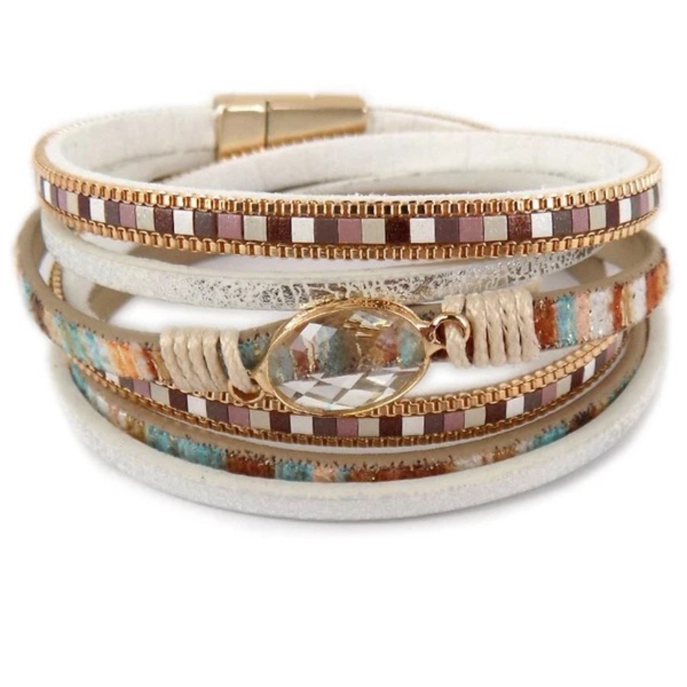 Natural and goldstone multi strand wrap magnetic bracelet